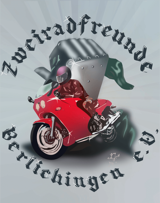 Ein stilisiertes Bild einer motoranfahrenden Person, die sich in eine Kurve lehnt. Im Hintergrund die gepanzerte Faust des Götz von Berlichingen. Das Bild ist mit 'Zweiradfreunde Berlichingen e.V.' in schweren Lettern beschriftet.